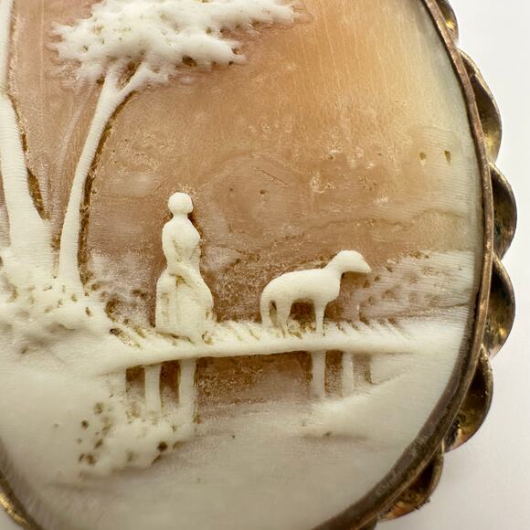 Antique Victorian gold filled woman with dog bridge carved shell cameo brooch - Picture 3 of 9